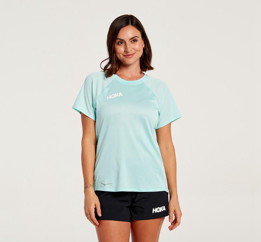 Haut Hoka One One Performance Short Sleeve Femme - Bleu - YRW-267159